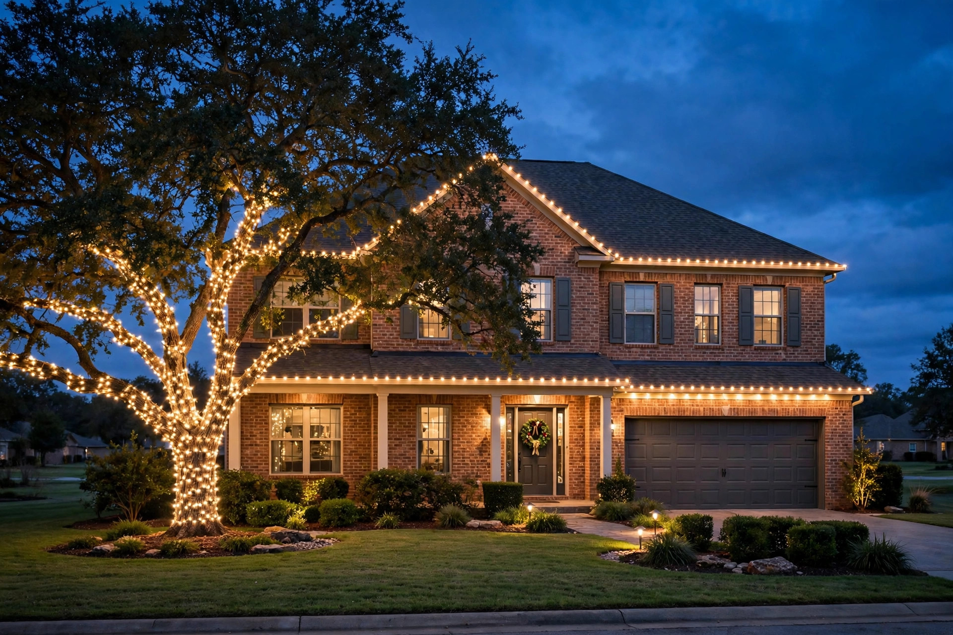 Two-story brick home with warm white Christmas lights on the roofline and a wrapped oak tree